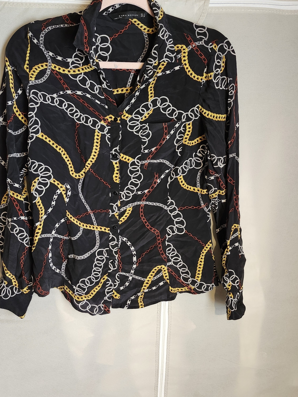 Zara Woman Black Blouse with Gold, White & Red Chain Print